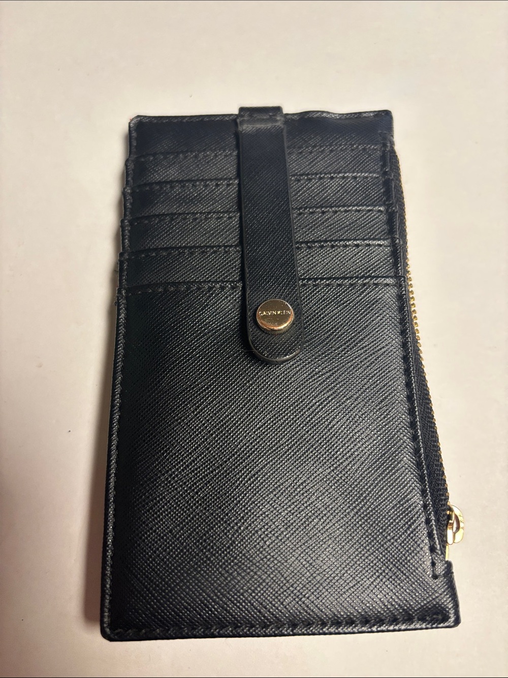 Calvin Klein Black Saffiano Card Holder with Snap Strap
